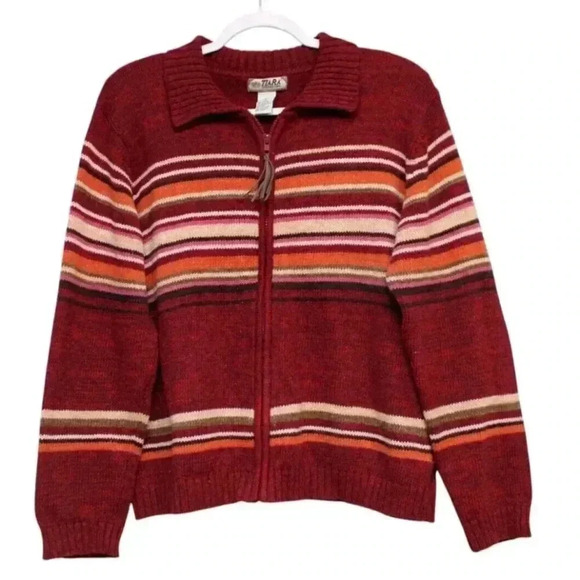 Vintage 90s Full Zip Sweater Size Large Ramie Cotton Striped Fall Retro Cozy - Picture 1 of 10